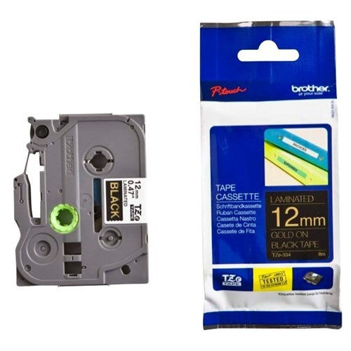 Brother TZE P-touch Tape Labelling Tapes (Gold on Black Background 12mm)