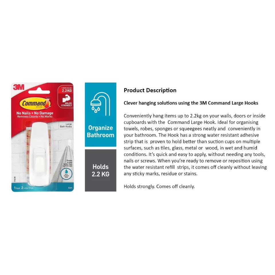 Command™ Large Bath Hook 17003B, 1 Hook 2 Strips/Pack