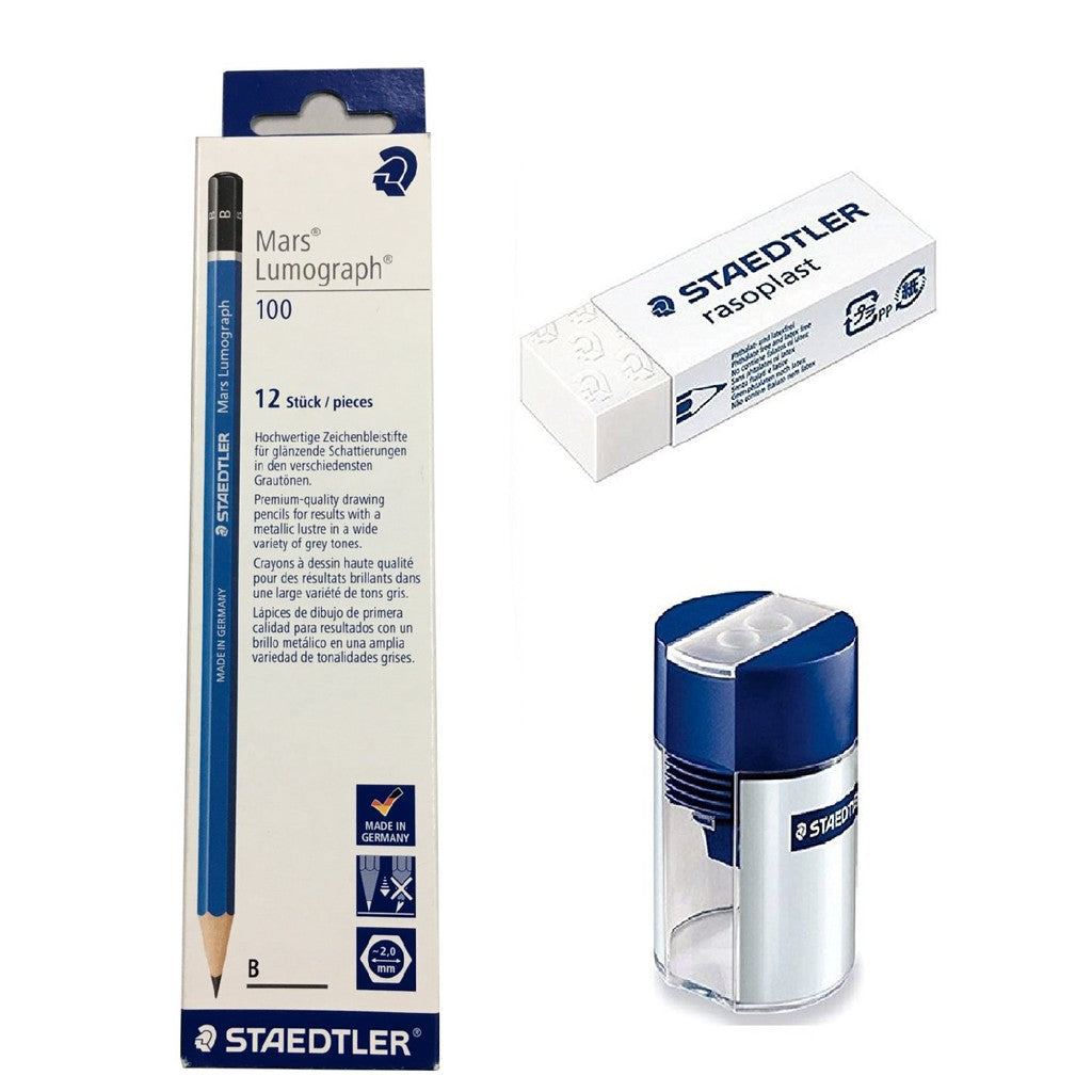 STAEDTLER Pencil Lumograph Set + 1 Eraser, 1 Sharpener
