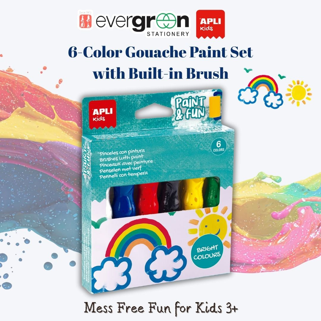 [SG] APLI Kids 6-Color 2-In-1 Gouache Paint with Built-in Brush – 14ml each [Evergreen Stationery]