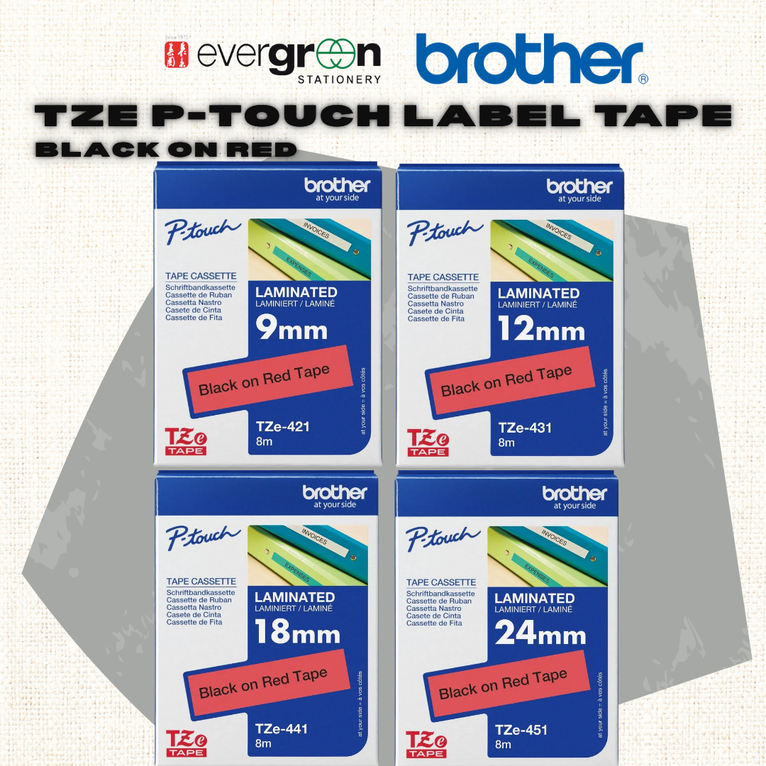 [SG] Brother TZE P-touch Label Tape – Black on Red [Evergreen Stationery]