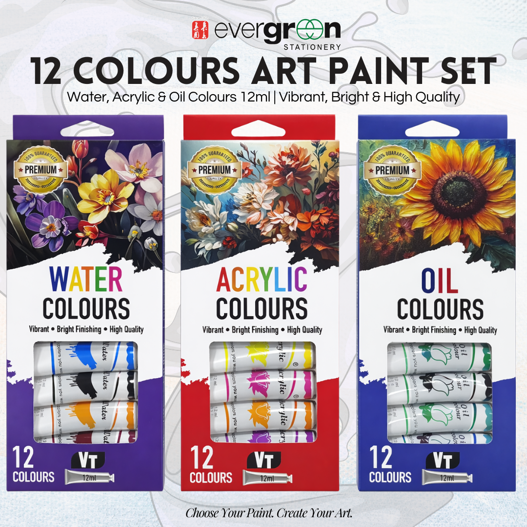 [SG] 12 Colours Artist Paint Set 12ml | Water, Acrylic & Oil Paints [Evergreen Stationery]