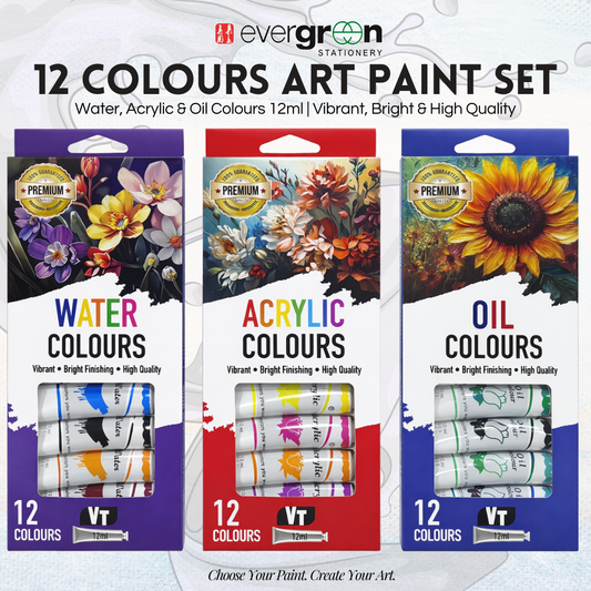 [SG] 12 Colours Artist Paint Set 12ml | Water, Acrylic & Oil Paints [Evergreen Stationery]