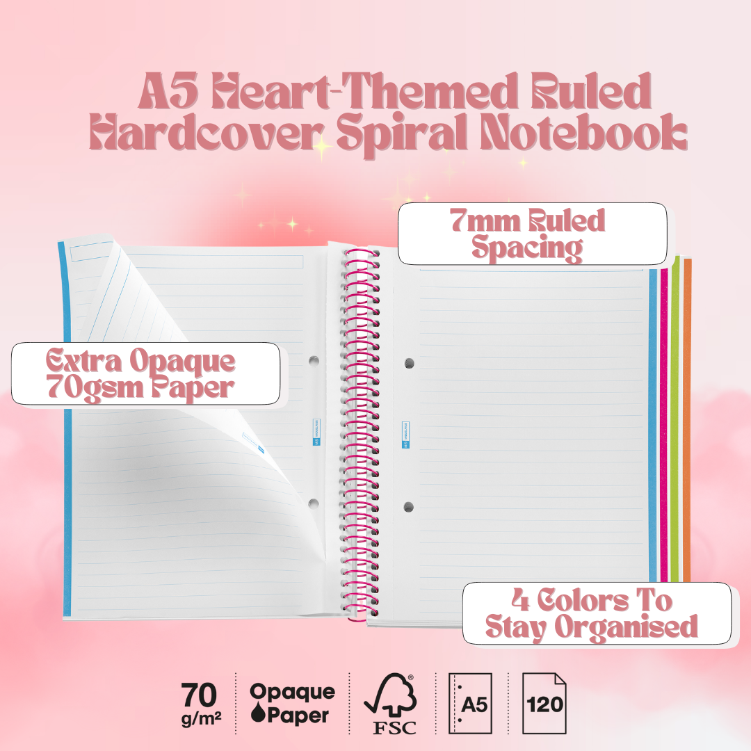 [SG] APLI MIQUELRIUS A5 Heart-Themed | 120 Sheets | 70gsm | 7mm Ruled Notebook with 4 Color Sections [Evergreen Stationery]