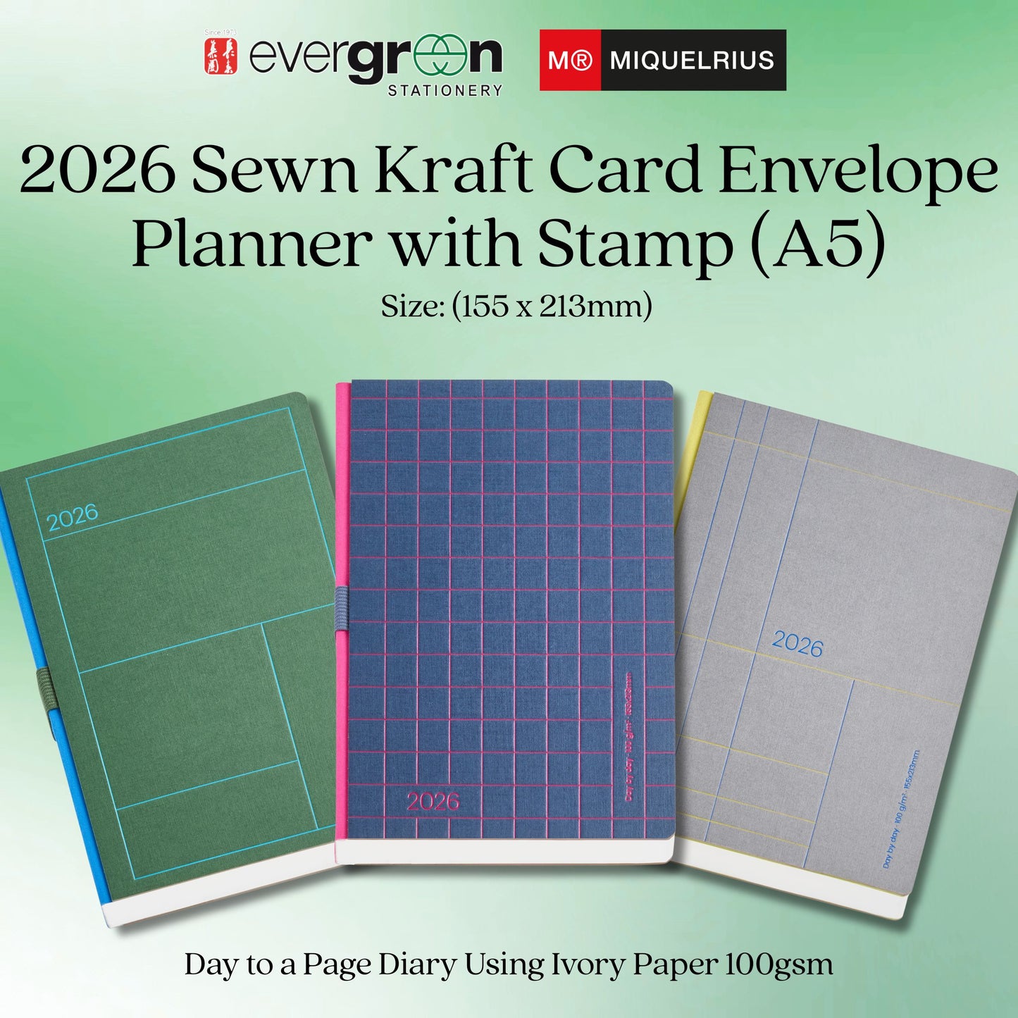 [SG]APLI 2026 A5 Day to Page Sewn Kraft Card Envelope Planner with Stamp Diary | Lines Series [Evergreen Stationery]