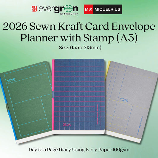 [SG]APLI 2026 A5 Day to Page Sewn Kraft Card Envelope Planner with Stamp Diary | Lines Series [Evergreen Stationery]
