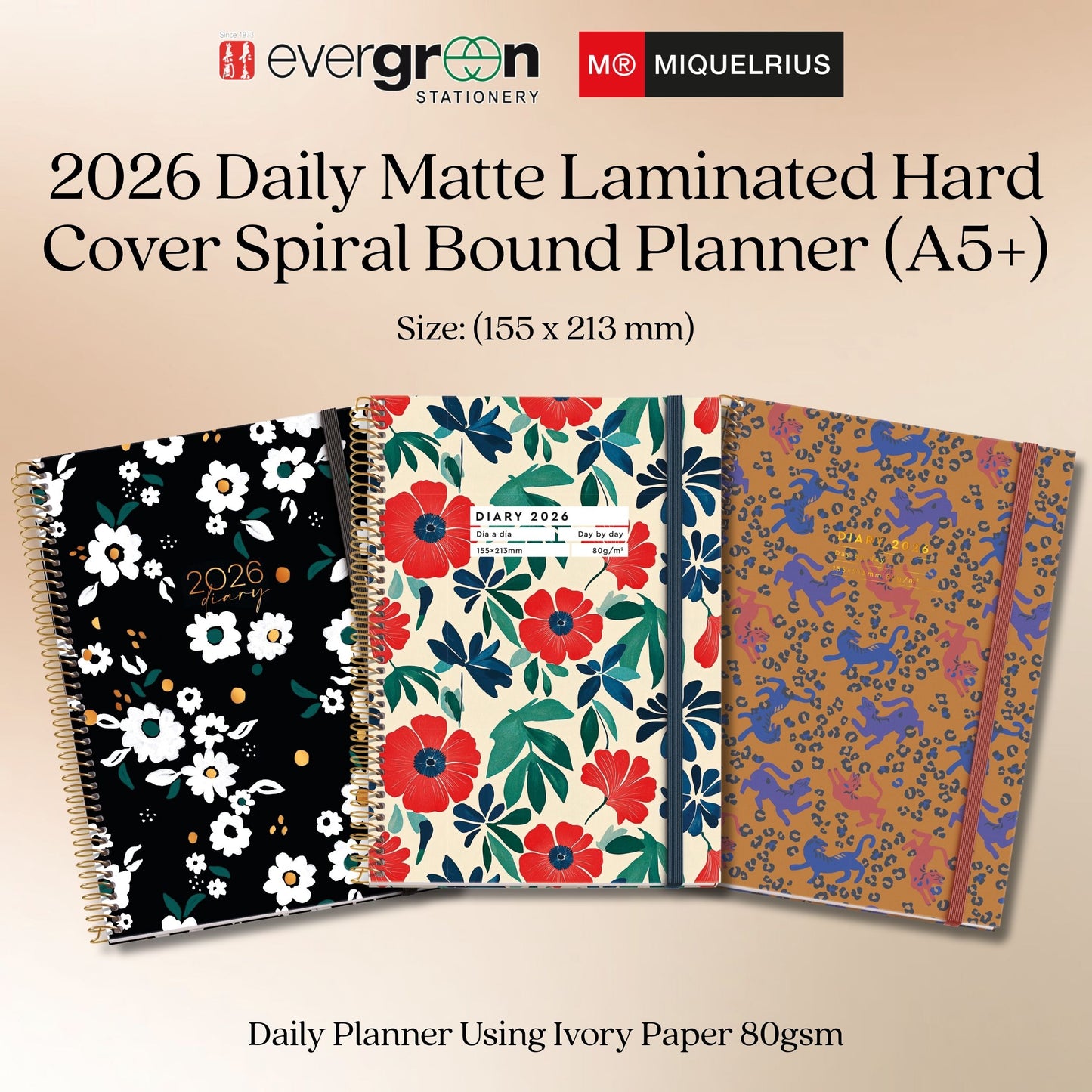 [SG] APLI MIQUELRIUS 2026 A6+ Daily Matte Laminated Hard Cover Spiral Bound Planner [Evergreen Stationery]