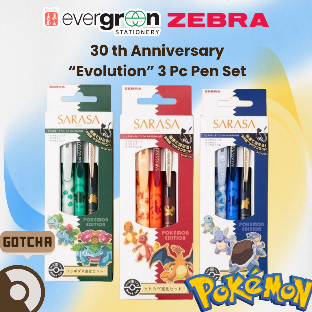 [SG] LIMITED EDITION | Zebra Sarasa 30th Anniversary Pokemon "Evolution" 3 Pcs Pen Set | 0.38 & 0.5mm [Evergreen Stationery]