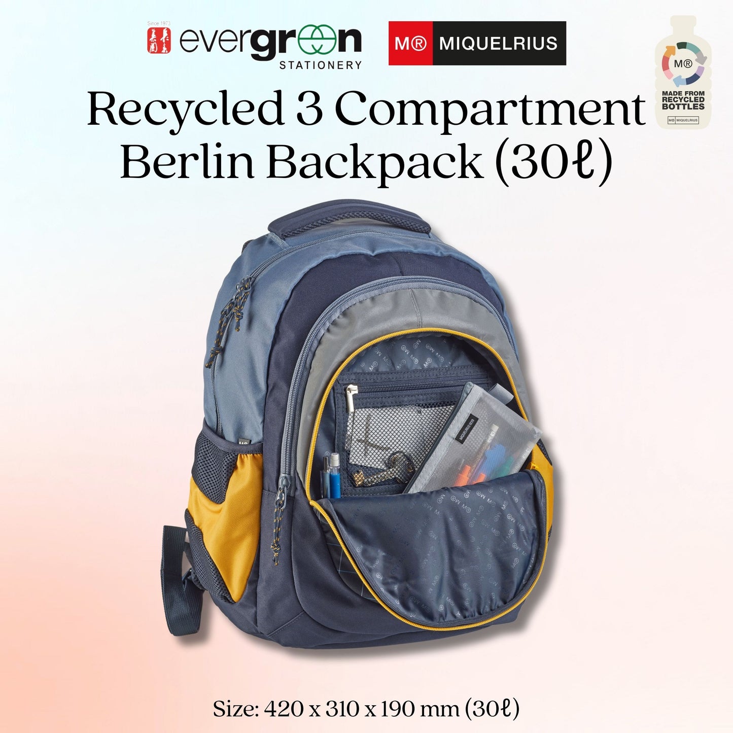 [SG] APLI MIQUELRIUS 30ℓ Recycled 3 Compartment Berlin Backpack in Black [Evergreen Stationery]