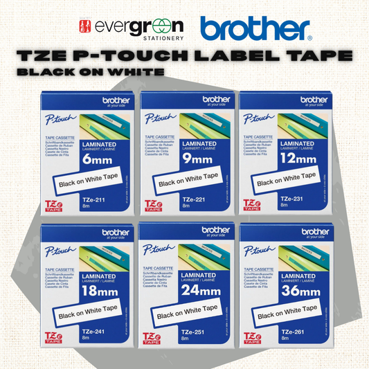 [SG] Brother TZE P-touch Label Tape – Black on White [Evergreen Stationery]