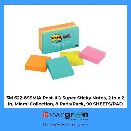 3M 622-8SSMIA Post-it® Super Sticky Notes, 2 in x 2 in, Miami Collection, 8 Pads/Pack, 90 SHEETS/PAD