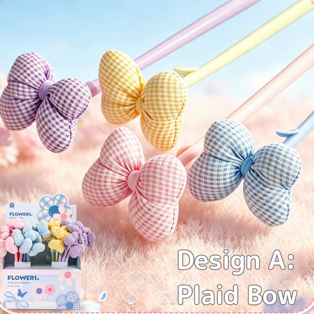 Cute 3D Floral & Bow Design 0.5mm Black Ink Gel Pen | 6 Designs | Set of 4 Pieces Per Design