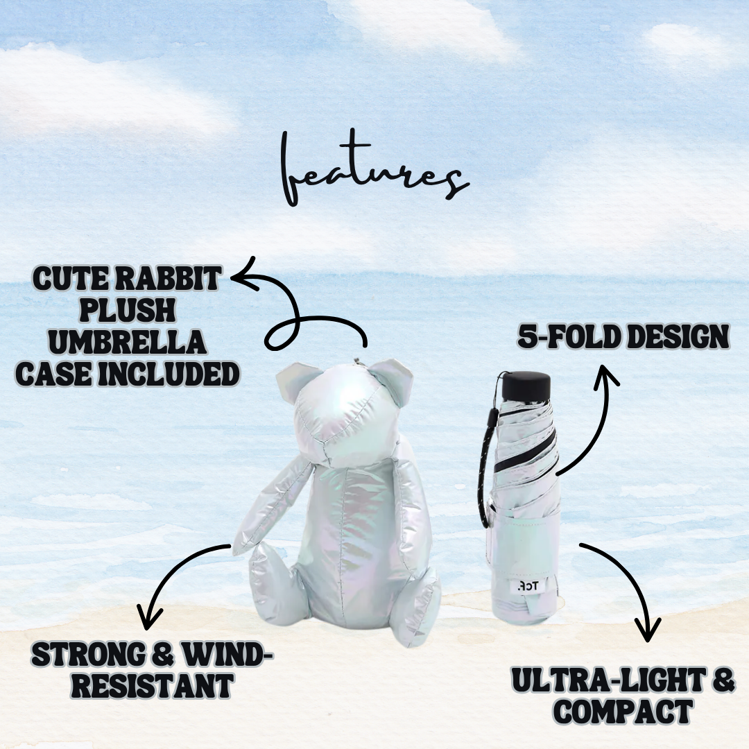 [SG] Adorable Rabbit Plush Umbrella – 5-Fold Lightweight Pocket Umbrella (200g) [Evergreen Stationery]