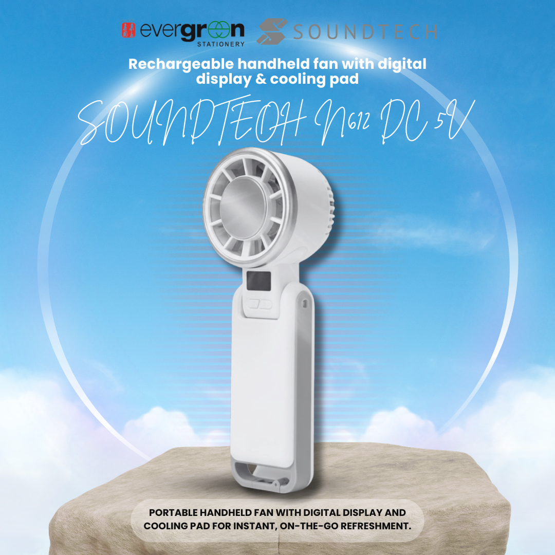 SOUNDTEOH N612 DC 5V Rechargeable handheld fan with digital display & cooling pad