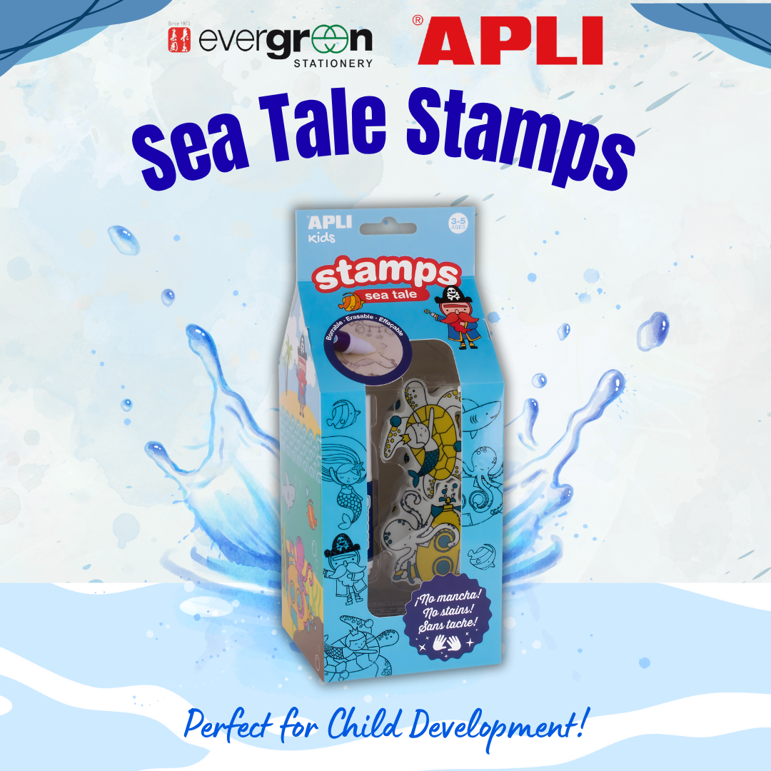 [SG] APLI Kids Sea Tale Stamps Set – 6 Underwater Designs + Ink Pad + Eraser Marker [Evergreen Stationery]
