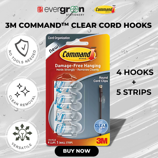 [SG] 3M Command 17017CLR Clear Round Cord Clips 4 Hooks + 5 Strips [Evergreen Stationery]