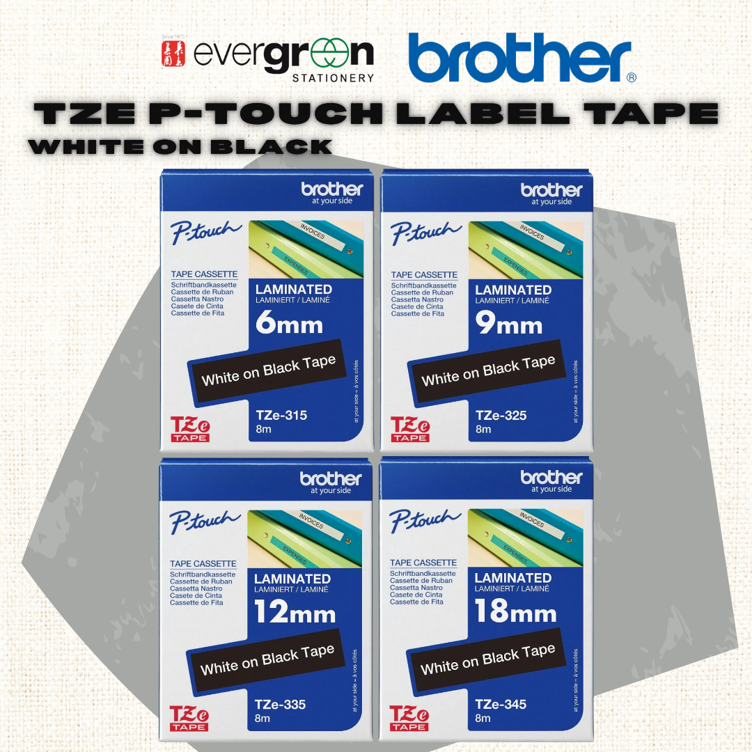 🖨️ [SG] Brother TZE P-touch Label Tape – White on Black [Evergreen Stationery]