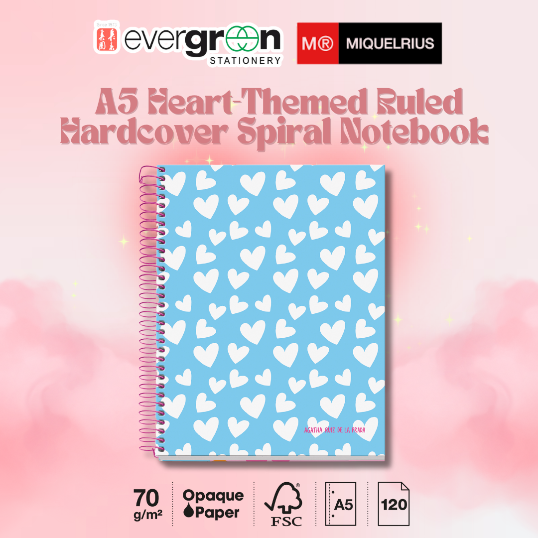 [SG] APLI MIQUELRIUS A5 Heart-Themed | 120 Sheets | 70gsm | 7mm Ruled Notebook with 4 Color Sections [Evergreen Stationery]
