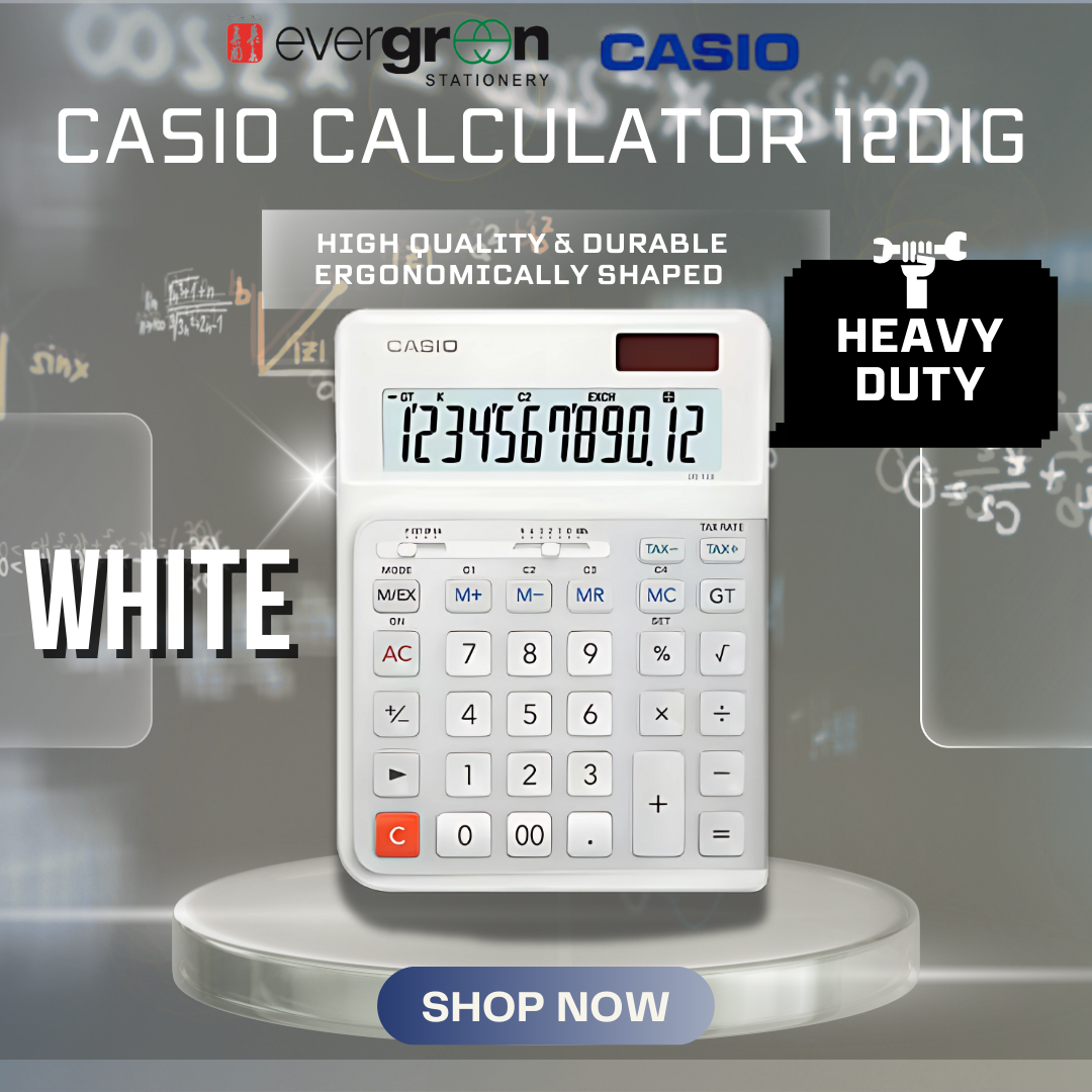[SG] Casio DE-12E-WE 12 Digit Heavy Duty Calculator Black/White [Evergreen Stationery]