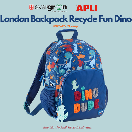 [SG] APLI Recycled London Backpack – 2 Compartment Kids School Bag | Fun Dino Design [Evergreen Stationery]
