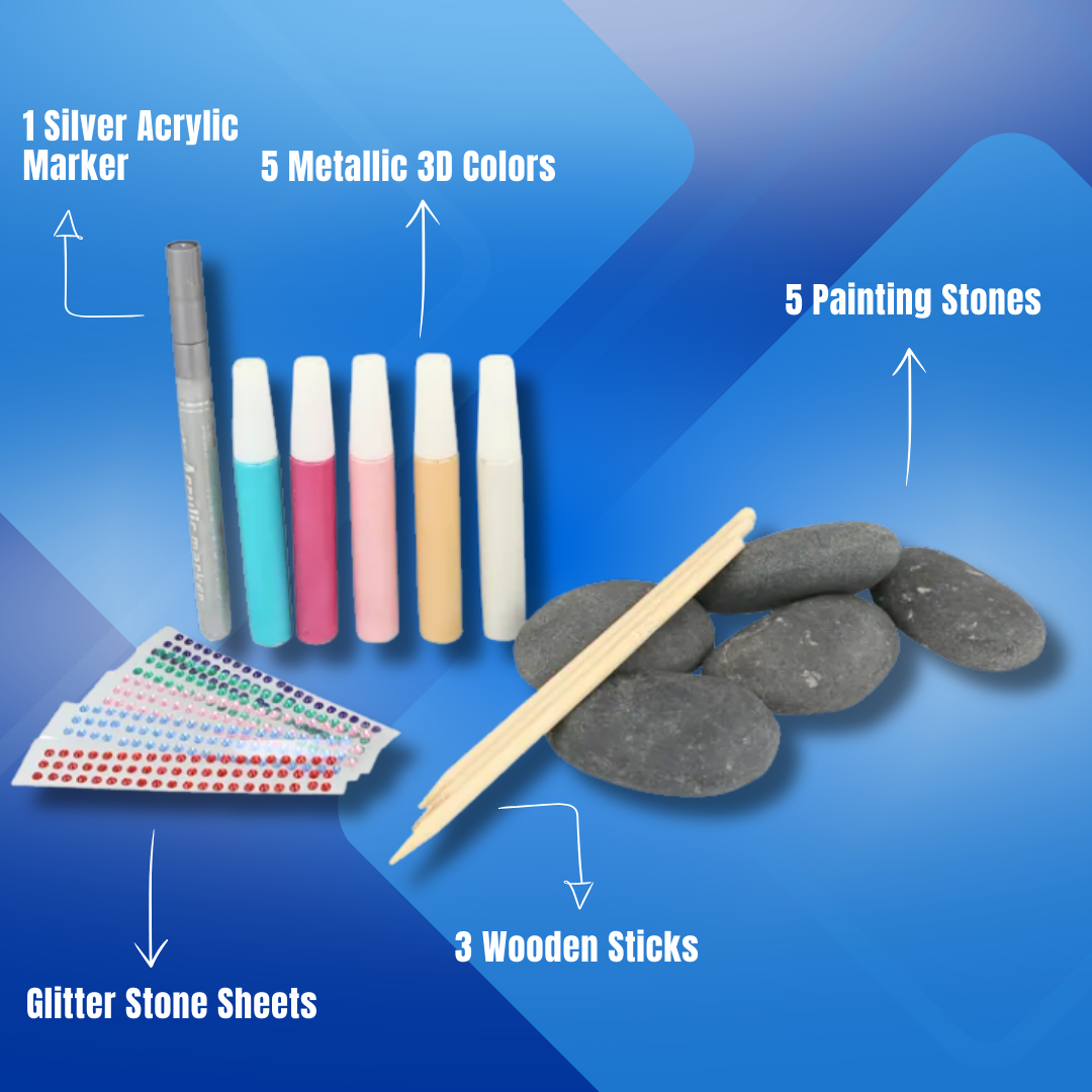 [SG] Online Stone Painting Set | 5 Stones, Metallic 3D Colors & Sparkling Glitter [Evergreen Stationery]