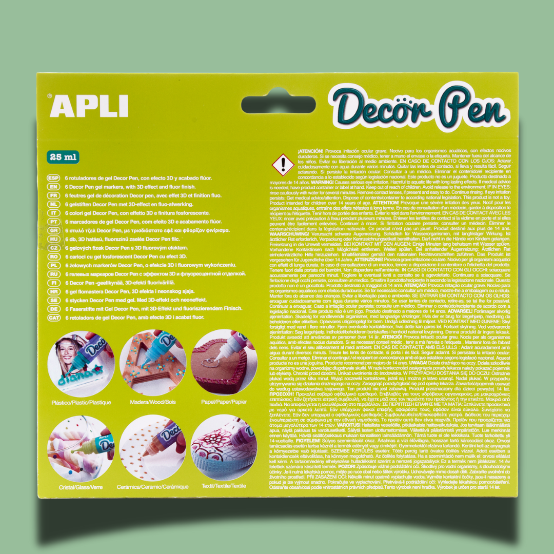 [SG] APLI Decorpen Fluorescent Marker Set – 6 Pack 3D Effect Gel Pens [Evergreen Stationery]