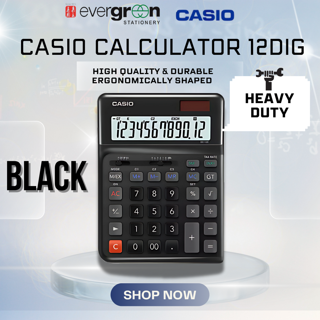 [SG] Casio DE-12E-WE 12 Digit Heavy Duty Calculator Black/White [Evergreen Stationery]