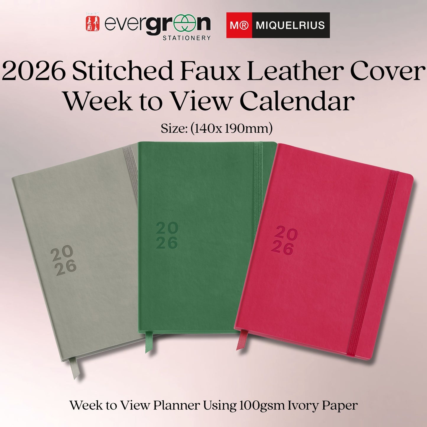 [SG] APLI MIQELRIUS 2026 140x 190mm Stitched Faux Leather Cover Week to View Calendar [Evergreen Stationery]
