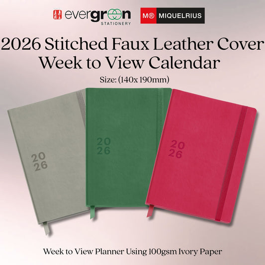 [SG] APLI MIQELRIUS 2026 140x 190mm Stitched Faux Leather Cover Week to View Calendar [Evergreen Stationery]