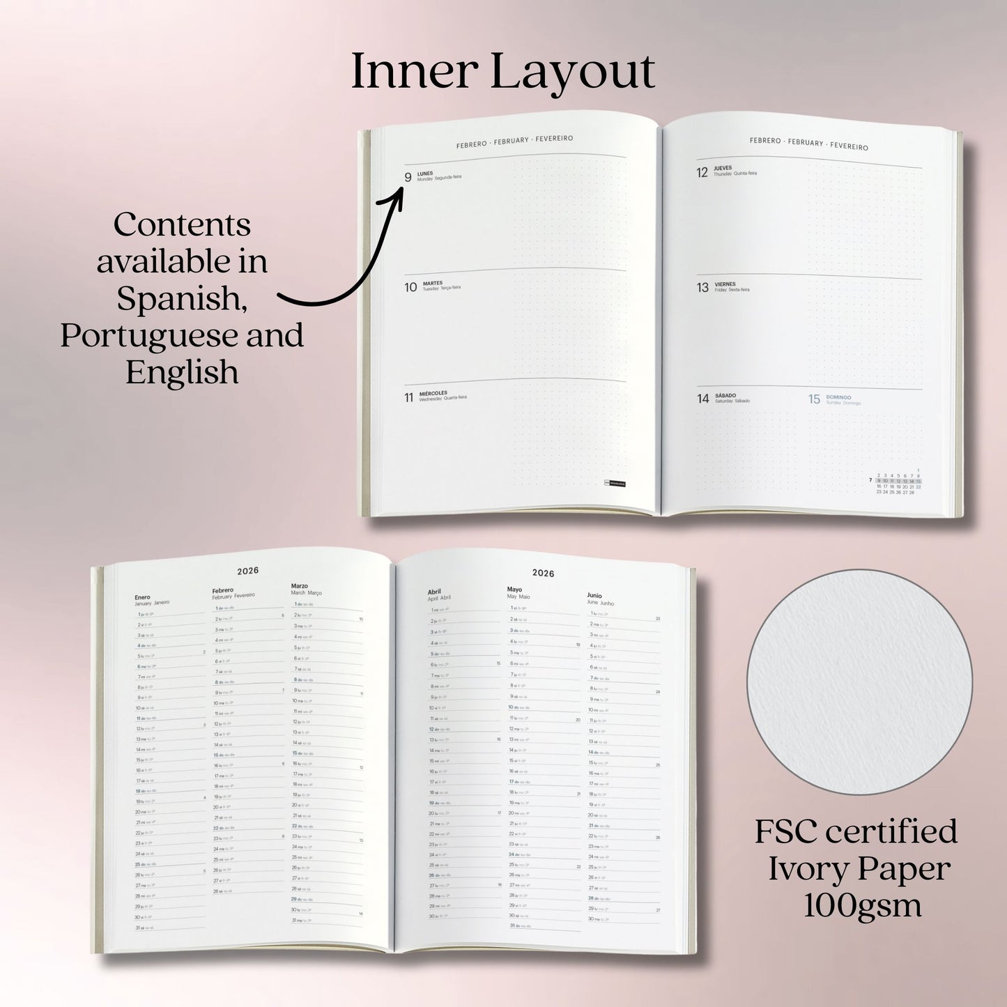 [SG] APLI MIQELRIUS 2026 140x 190mm Stitched Faux Leather Cover Week to View Calendar [Evergreen Stationery]