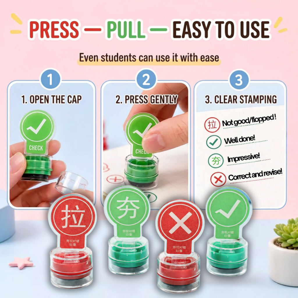 10pcs Washable Reward Stamps | Smiley Icons & Chinese Words Of Encouragement | 12 Pcs Chinese Tick-Cross