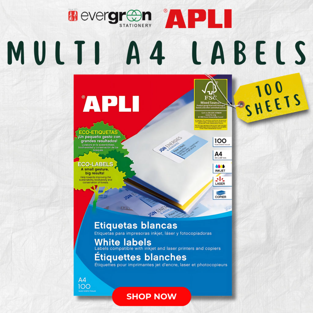 [SG] APLI A4 White Labels – 48.5×25.4mm or 105×37mm, 100 Sheets, Inkjet/Laser [Evergreen Stationery]