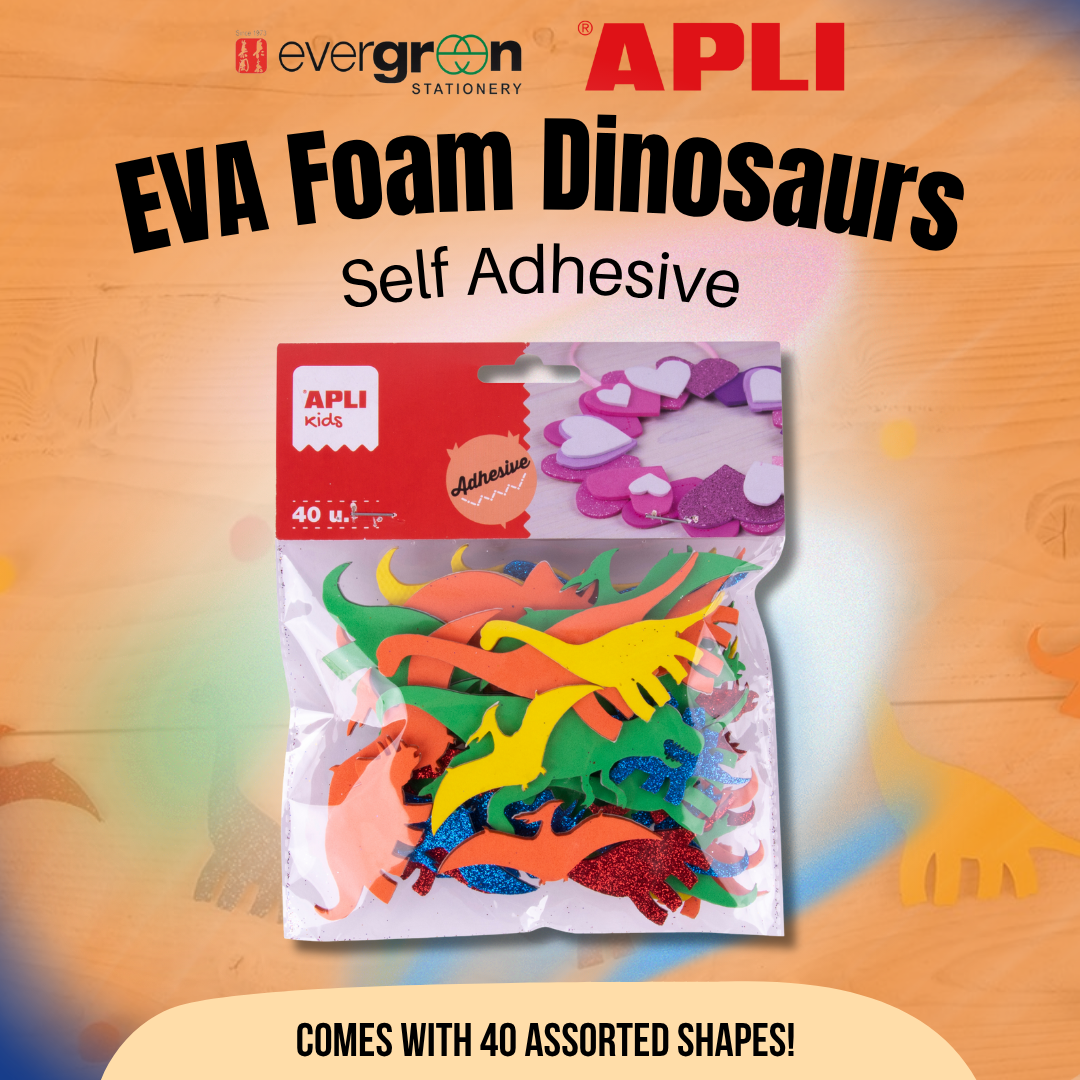 [SG] APLI Kids EVA Foam Dinosaurs – 40 Self-Adhesive Shapes (5 Species, 5 Colours) [Evergreen Stationery]