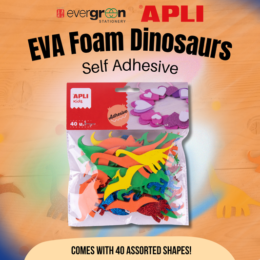 [SG] APLI Kids EVA Foam Dinosaurs – 40 Self-Adhesive Shapes (5 Species, 5 Colours) [Evergreen Stationery]