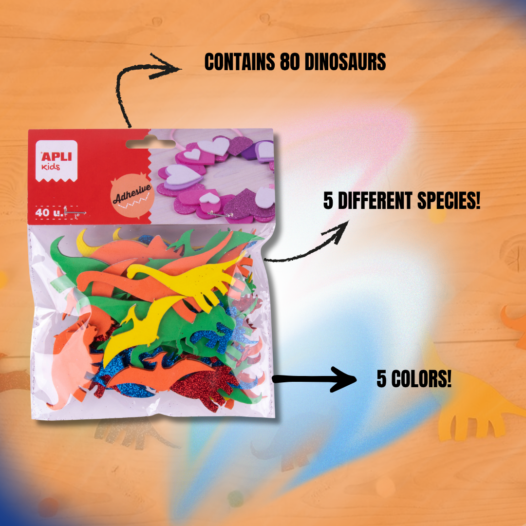 [SG] APLI Kids EVA Foam Dinosaurs – 40 Self-Adhesive Shapes (5 Species, 5 Colours) [Evergreen Stationery]