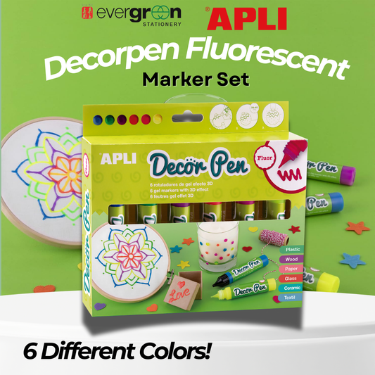 [SG] APLI Decorpen Fluorescent Marker Set – 6 Pack 3D Effect Gel Pens [Evergreen Stationery]