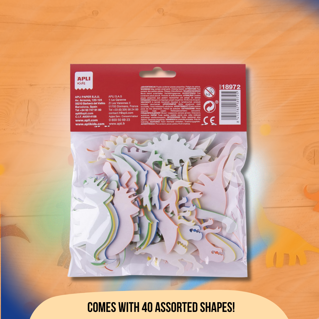 [SG] APLI Kids EVA Foam Dinosaurs – 40 Self-Adhesive Shapes (5 Species, 5 Colours) [Evergreen Stationery]