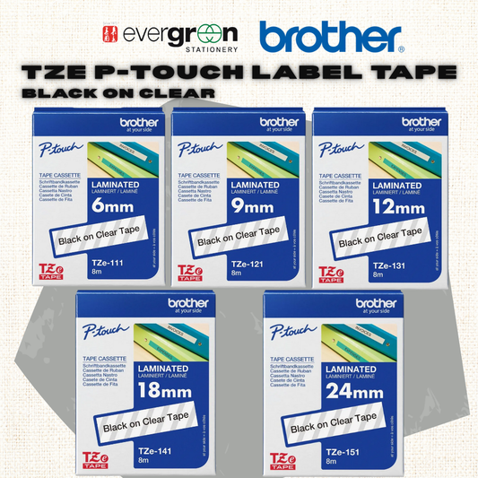 🖨️ [SG] Brother TZE P-touch Label Tape – Black on Clear [Evergreen Stationery]