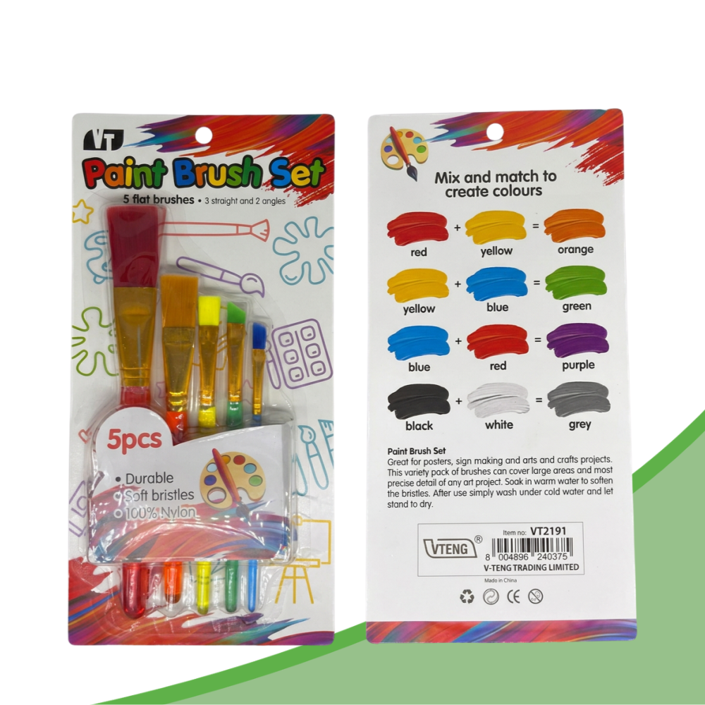 VT Paint Brush Set – 5pcs Durable Nylon Flat Brushes (3 Straight + 2 Angled)
