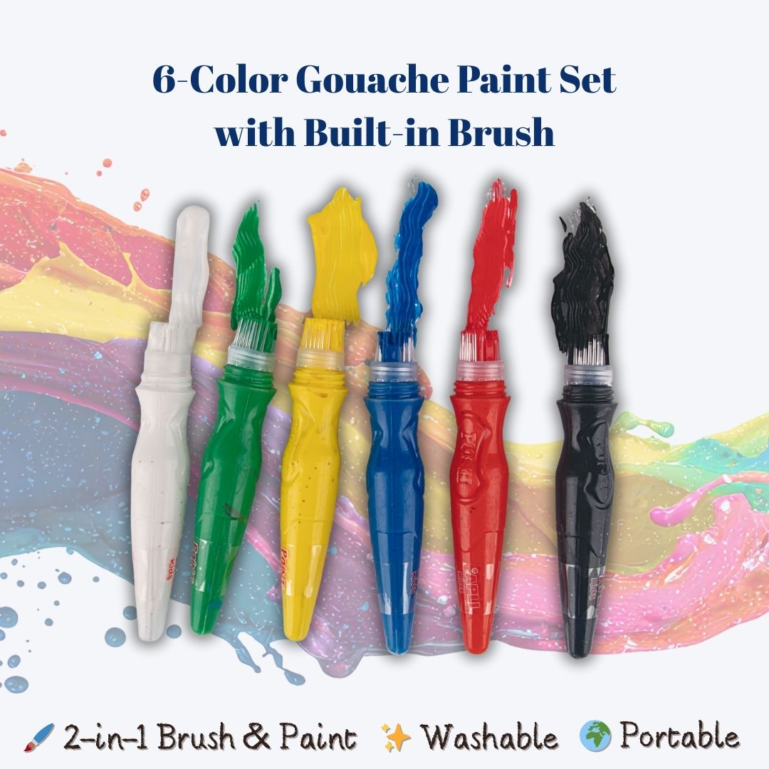 [SG] APLI Kids 6-Color 2-In-1 Gouache Paint with Built-in Brush – 14ml each [Evergreen Stationery]
