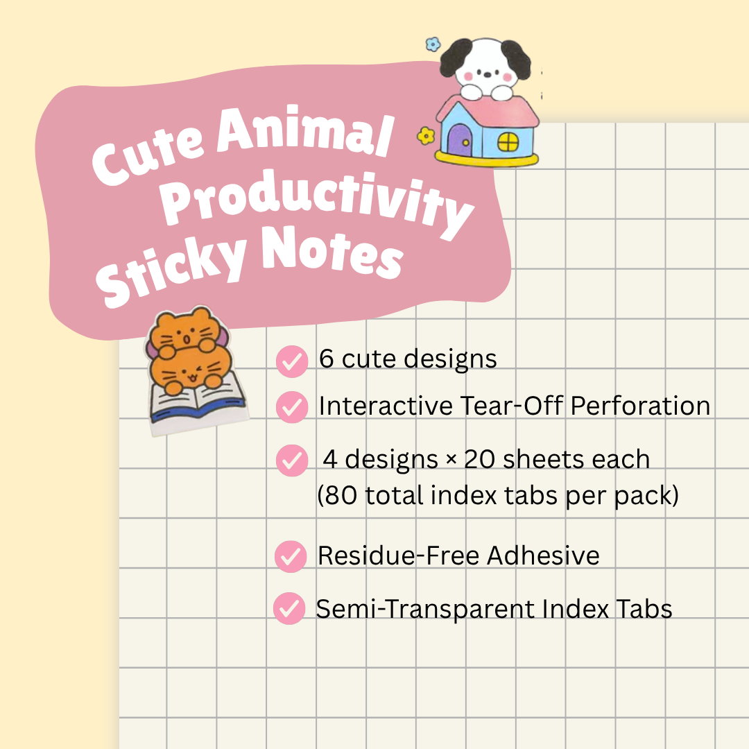 Cute Animal Productivity Sticky Notes Set | 6 designs | Residue-Free Adhesive | Interactive tear-off perforation