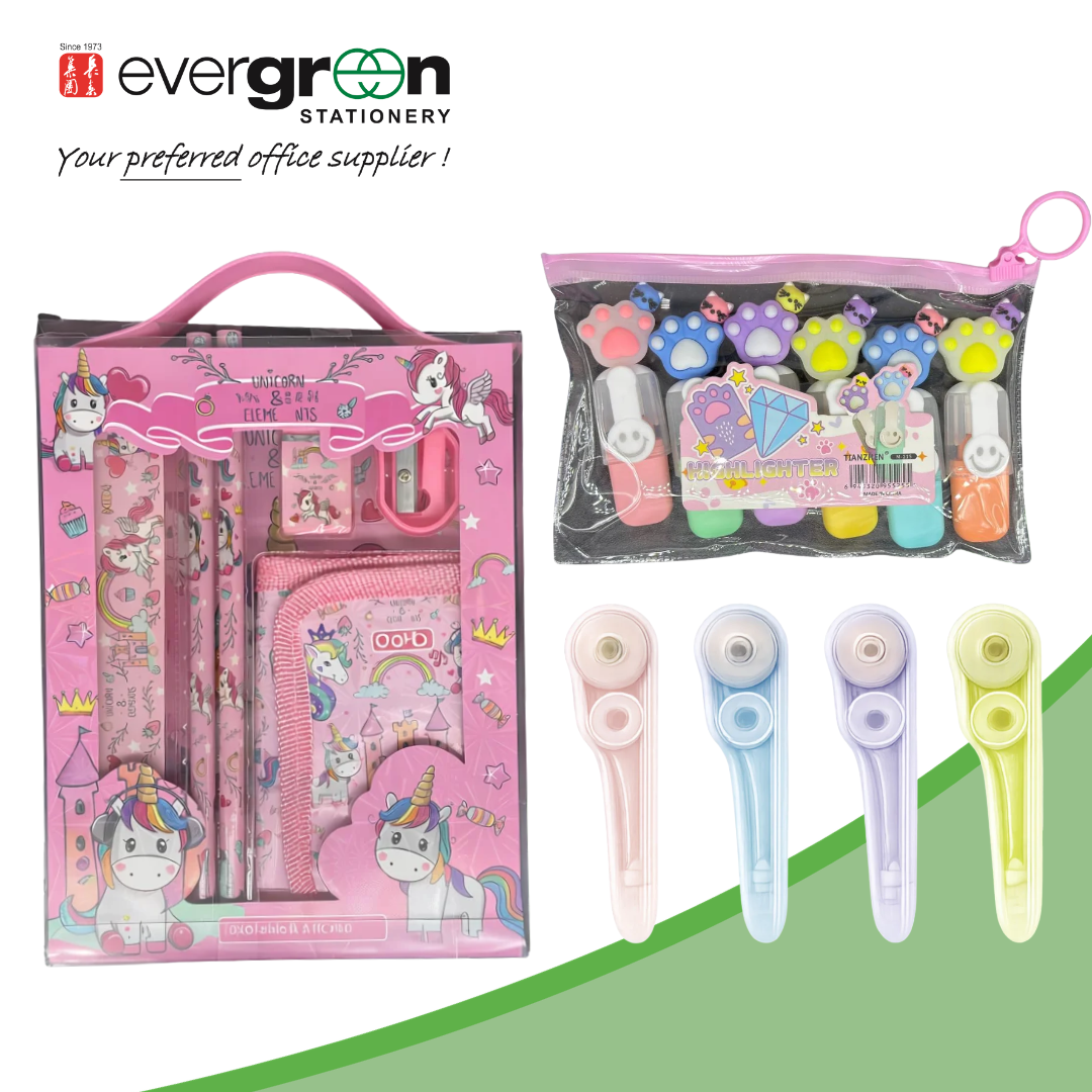 Cute Kids Stationery Gift Set | Unicorn / Sea Animals Themed | Stationery Set + Highlighter + Correction Tape
