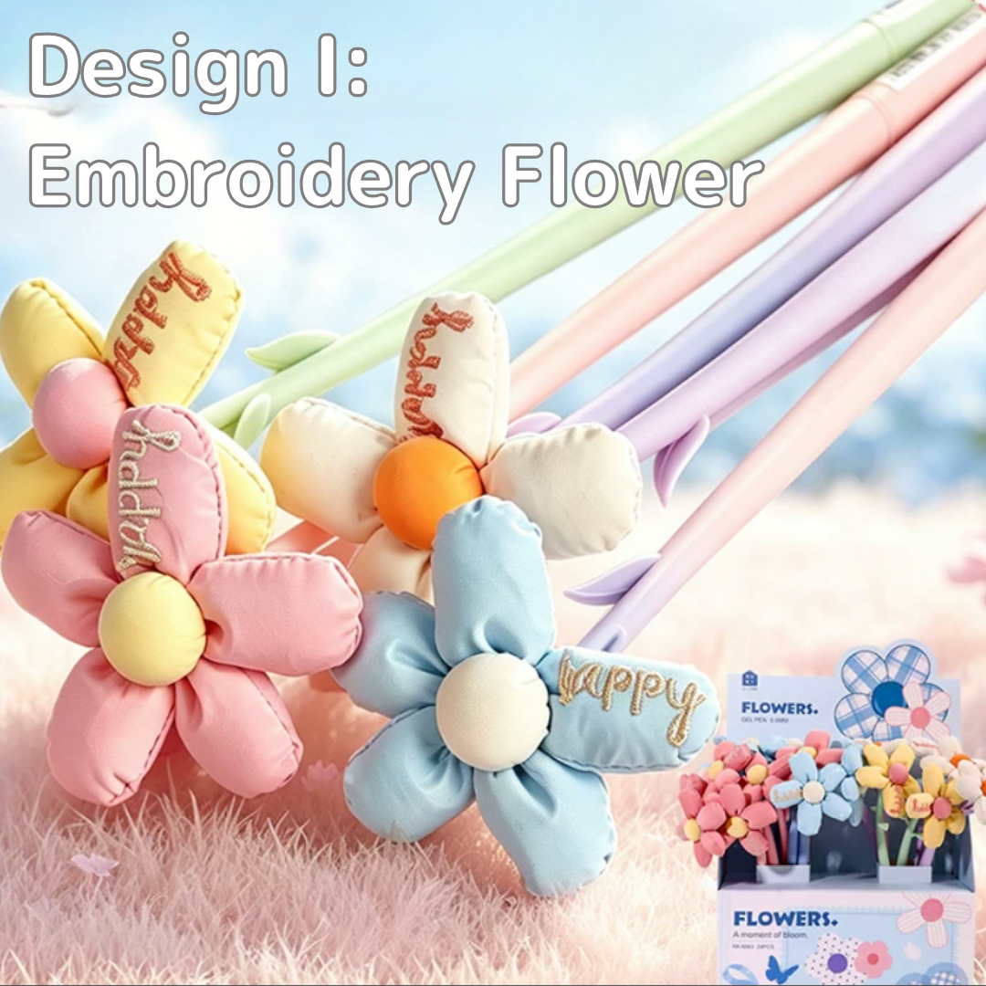Cute 3D Floral & Bow Design 0.5mm Black Ink Gel Pen | 6 Designs | Set of 4 Pieces Per Design