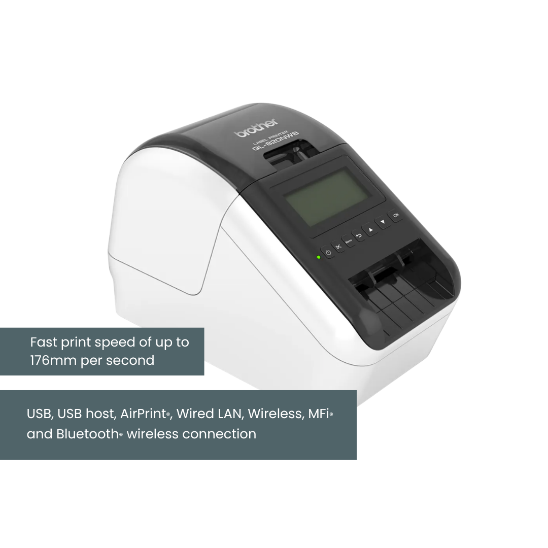 Brother QL-820NWB Labeling Machine | Auto cut function | Fast print speed 176mm per second | USB | Bluetooth wireless