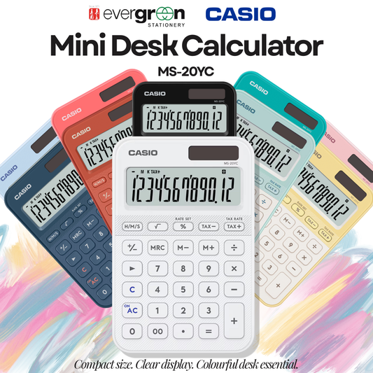 [SG] CASIO MS-20YC 12-Digit Mini Desk Calculator NEW Color Series [Evergreen Stationery]