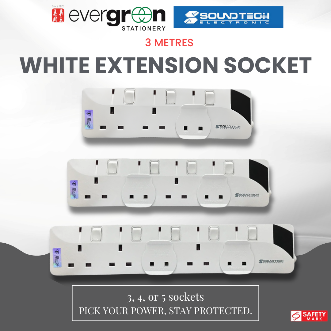SOUNDTEOH PS-003A/004A/005A 3/4/5 Way Extension Socket 3 Metres | Surge Protector | Safety Shutter | Safety Mark Certified