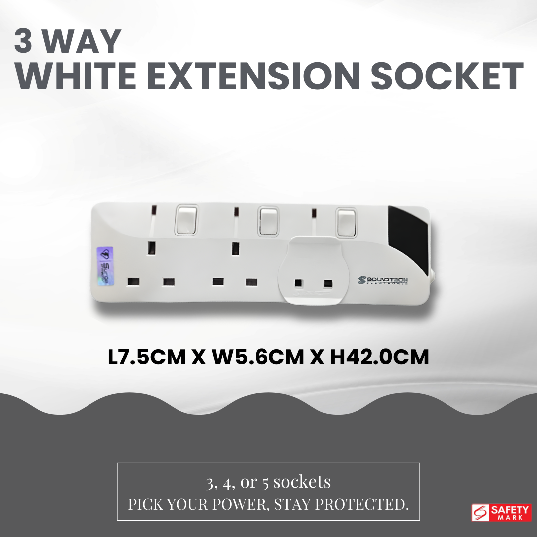 SOUNDTEOH PS-003A/004A/005A 3/4/5 Way Extension Socket 3 Metres | Surge Protector | Safety Shutter | Safety Mark Certified