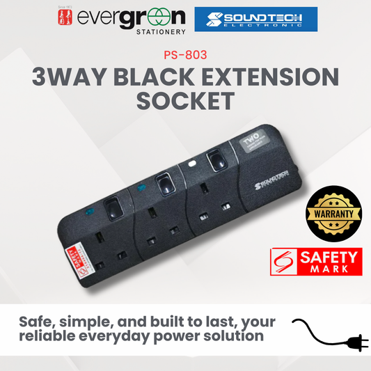 SOUNDTEOH PS-803 3 Way Extension Socket 1 Metre | Individual Power Switch | Safety Shutter | Safety Mark Certified | 3 Year Warranty