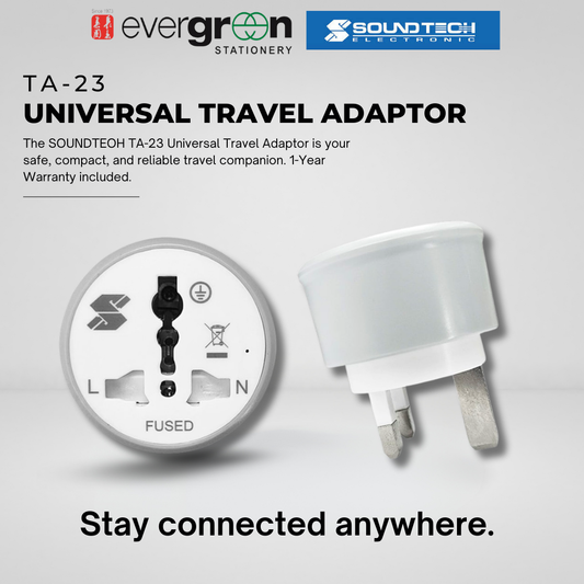 SOUNDTEOH TA-23 Universal Travel Adaptor | Flame Retardant | Safety Shutter | Fuse Protection | 1 Year Warranty