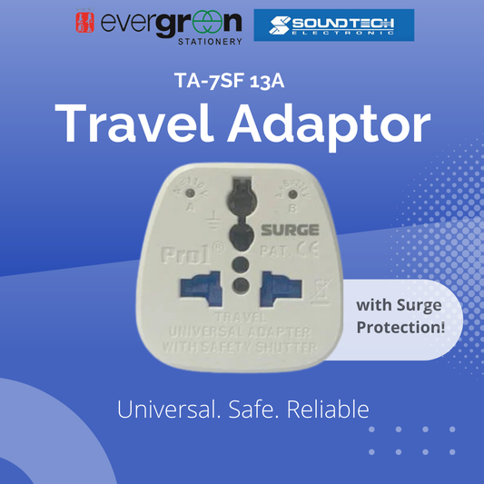 SOUNDTEOH TA-7SF 13A Universal Travel Adaptor with Surge Protection | Safety Shutter | Voltage Indicator | 1 Year Warranty